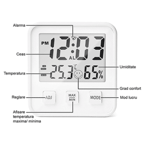 Termometru si higrometru de camera Vitammy Hygro, Statie meteo, Ceas, Alarma, Indicator confort, Alb